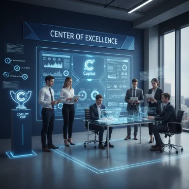 A team of professionals in a high-tech conference room review holographic dashboards at the Center of Excellence.