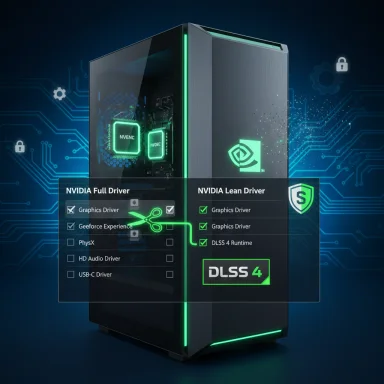 Neon-lit gaming PC tower with an overlay showing NVIDIA Full Driver vs Lean Driver options.