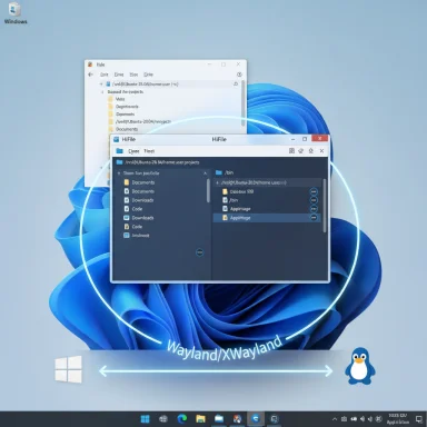 Windows desktop with two overlapping windows, a Wayland/XWayland banner, and a Linux penguin icon.