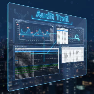 Neon blue holographic audit trail dashboard with charts and logs.