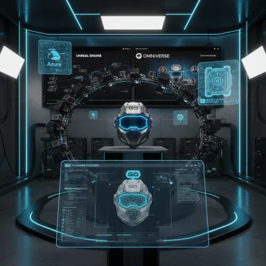Futuristic lab featuring a glowing VR helmet encircled by a robotic ring and holographic screens.