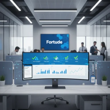Open-plan office with a curved monitor displaying graphs and a blue Fortude sign in the background.