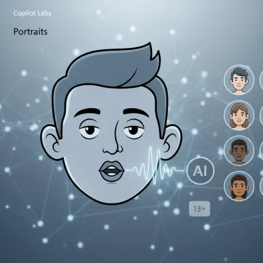 Stylized AI portrait on a networked backdrop with circular user avatars.