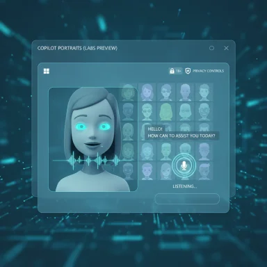 Futuristic AI avatar in a holographic interface, listening in a grid of portraits.