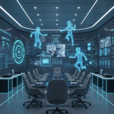 Futuristic conference room with holographic avatars and glowing data displays.