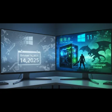 Two curved monitors show Windows 11 and a DirectStorage-enabled gaming PC surrounded by fantasy art.