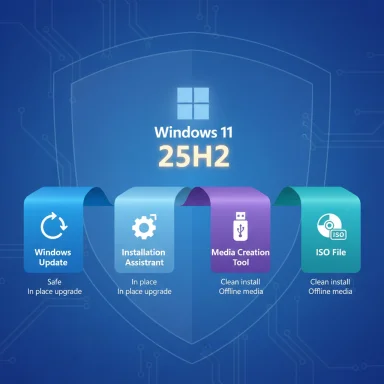 Windows 11 25H2 with four tools: Update, Installation Assistant, Media Creation Tool, ISO File.
