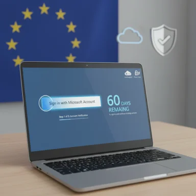 Laptop on a desk shows a Microsoft sign-in screen with 60 days remaining, EU flag in the background.