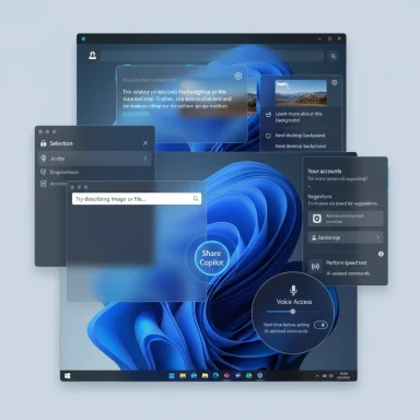 Futuristic Windows desktop with floating UI panels and Copilot/Voice Access widgets.