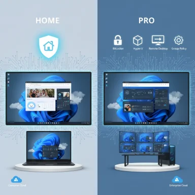 Split-screen poster contrasting Home (consumer cloud) and Pro (enterprise cloud) with Windows desktop setups.