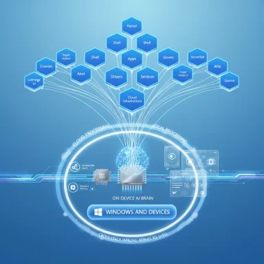 A futuristic AI brain diagram linking cloud and local processing to Windows devices.