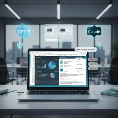 A laptop on a desk displays holographic AI dashboards with GPT-5 and Claude overlays.