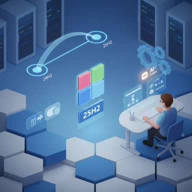 A technician sits at a desk, interacting with a holographic AI/cloud interface amid servers and data visuals.