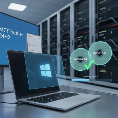 Laptop in a data center updates media as glowing holographic discs display progress.