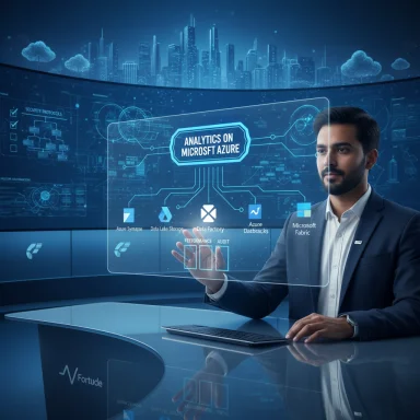 A businessman uses a holographic dashboard labeled Analytics on Microsoft Azure.