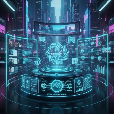 Neon futuristic data hub featuring holographic screens surrounding a central circular interface.