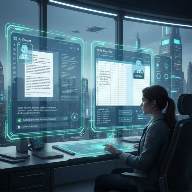 A woman works at a futuristic control desk with holographic data panels.
