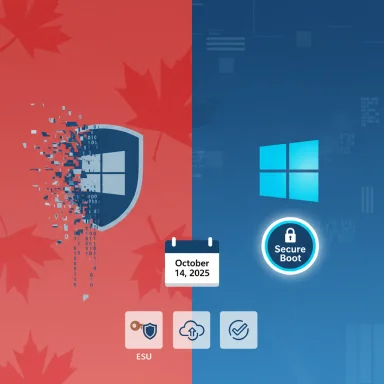 Split red-blue graphic showing Windows security shield, Secure Boot, and a calendar date.
