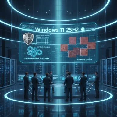 Futuristic control room with a holographic Windows 11 25H2 dashboard and security features.