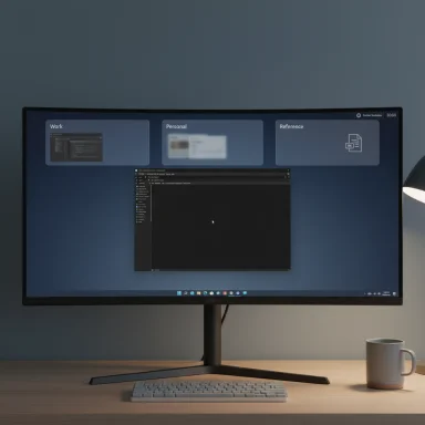 Curved monitor on a wooden desk with keyboard and mug, displaying work, personal, and reference panels.