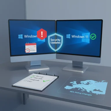 Dual monitors display Windows updates and a security shield, with a policy map and checklist on the desk.