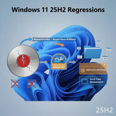 Illustration of Windows 11 25H2 regressions, featuring bugs and release notes.
