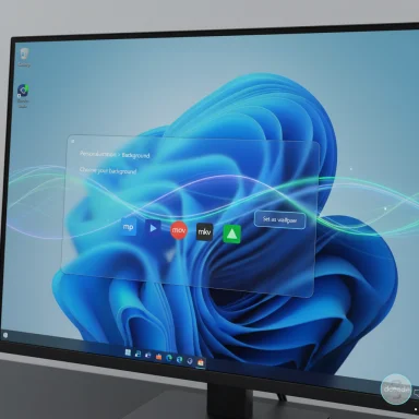 A monitor shows a Windows-like desktop with a translucent background settings panel. A monitor shows a Windows-like desktop with a translucent background settings panel.