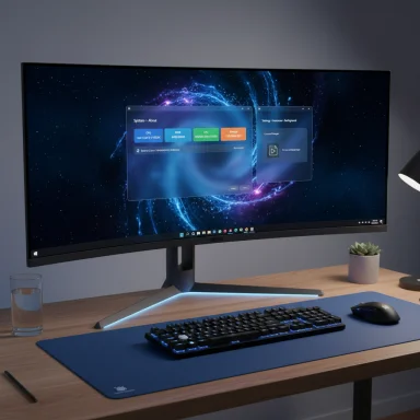 A modern desk setup featuring a curved ultrawide monitor, keyboard, mouse, glass of water, and a small plant.