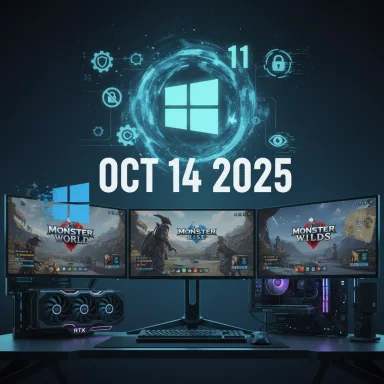 Futuristic gaming desk with three displays, a glowing Windows logo, and the date Oct 14, 2025.
