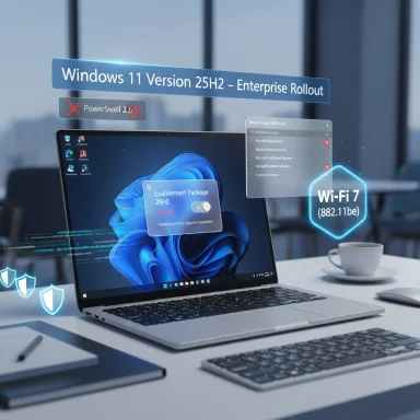 Laptop on a desk with holographic Windows 11 25H2 Enterprise rollout overlays and Wi‑Fi 7 icon.