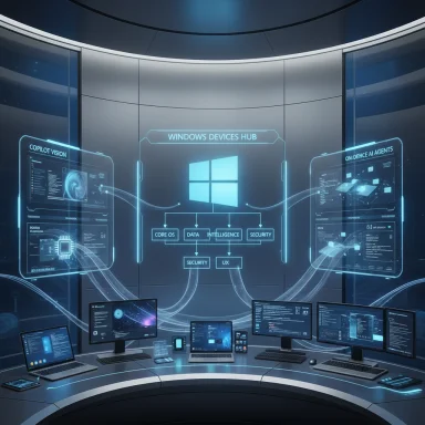 Futuristic control room featuring a Windows Devices Hub with holographic screens and connected monitors.