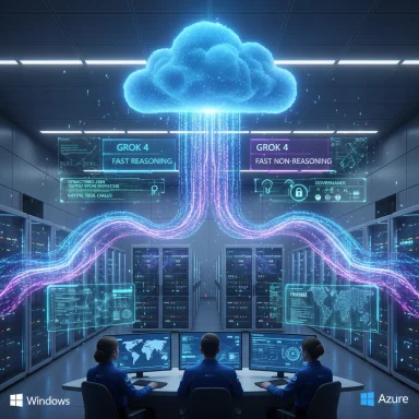 Three analysts monitor neon data streams from a glowing cloud in a futuristic data center.
