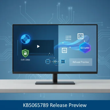 Monitor displays KB5065789 Release Preview with Copilot and DRM visuals.