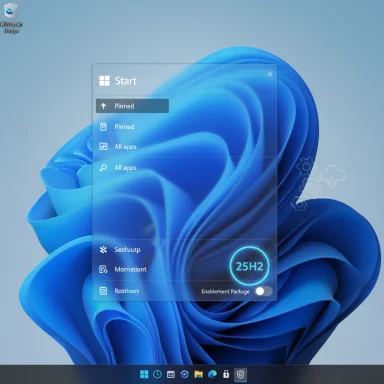 Windows desktop with a translucent Start menu floating over a blue abstract wallpaper.