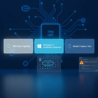 Blue UI with a central Windows 11 Installation Assistant tile and Update/Media Creation Tool.