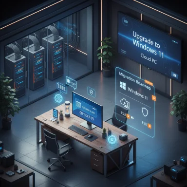 A futuristic data-center workspace with holographic UI showing Windows 11 upgrade and migration roadmap.