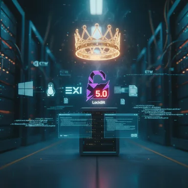 A glowing crown floats above a data center, signaling the LockBit 5.0 ransomware.