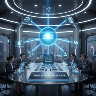 A futuristic team uses holographic displays to analyze data on Microsoft Azure.