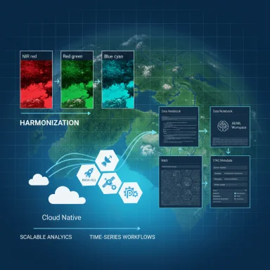Infographic of harmonizing multispectral imagery into data notebooks and AI/ML workflows.