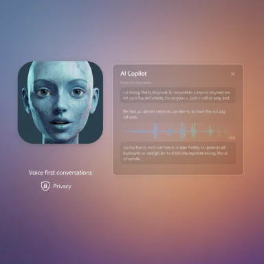 A futuristic AI Copilot UI on a gradient background with a blue robotic head icon and translucent chat panel.