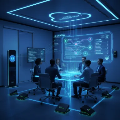A futuristic boardroom with holographic AI dashboards and a cloud knowledge index.