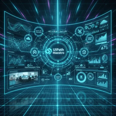 Futuristic holographic dashboard around UiPath Maestro with charts and analytics. Futuristic holographic dashboard around UiPath Maestro with charts and analytics.