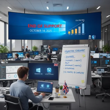 IT operations center displays a bold 'End of Support' alert (Oct 14, 2025) with a migration roadmap.