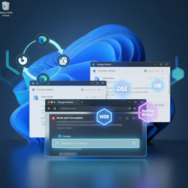 Futuristic Windows desktop with floating browser windows and glowing hexagonal tech icons.