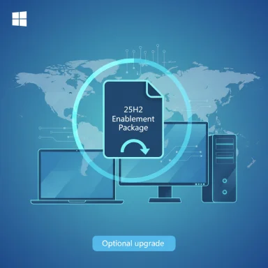 Blue tech illustration of a 25H2 Enablement Package upgrade across PC, monitor, and laptop.