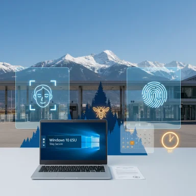 Biometric security holograms hover over a laptop with snowy mountains in the background.
