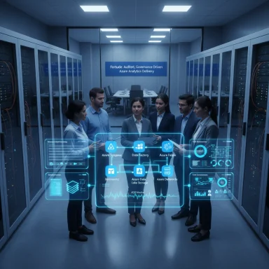 A team of professionals in a data center reviews a holographic analytics dashboard.