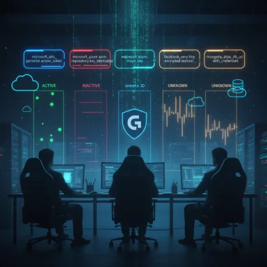 Four analysts monitor glowing data panels in a futuristic data center.