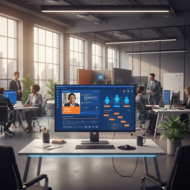 Open-plan office with a central desk and a large monitor displaying dashboards. Open-plan office with a central desk and a large monitor displaying dashboards.