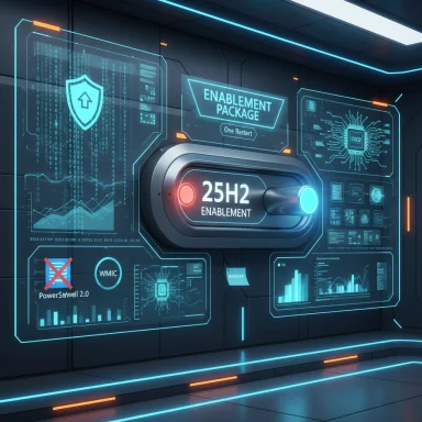 Futuristic control chamber with holographic dashboards and a central 25H2 Enablement switch.